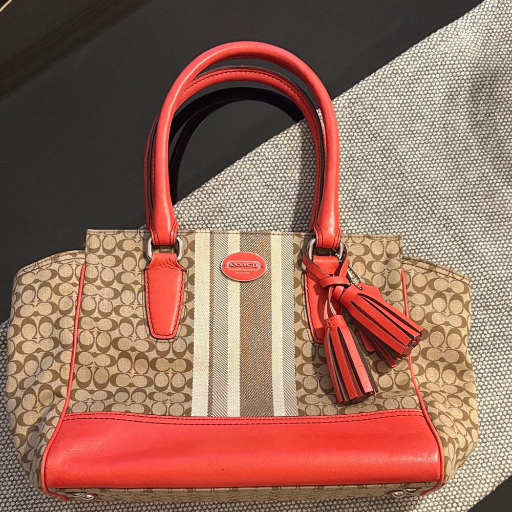 Coach Red and Tan Stripe Tote Bag